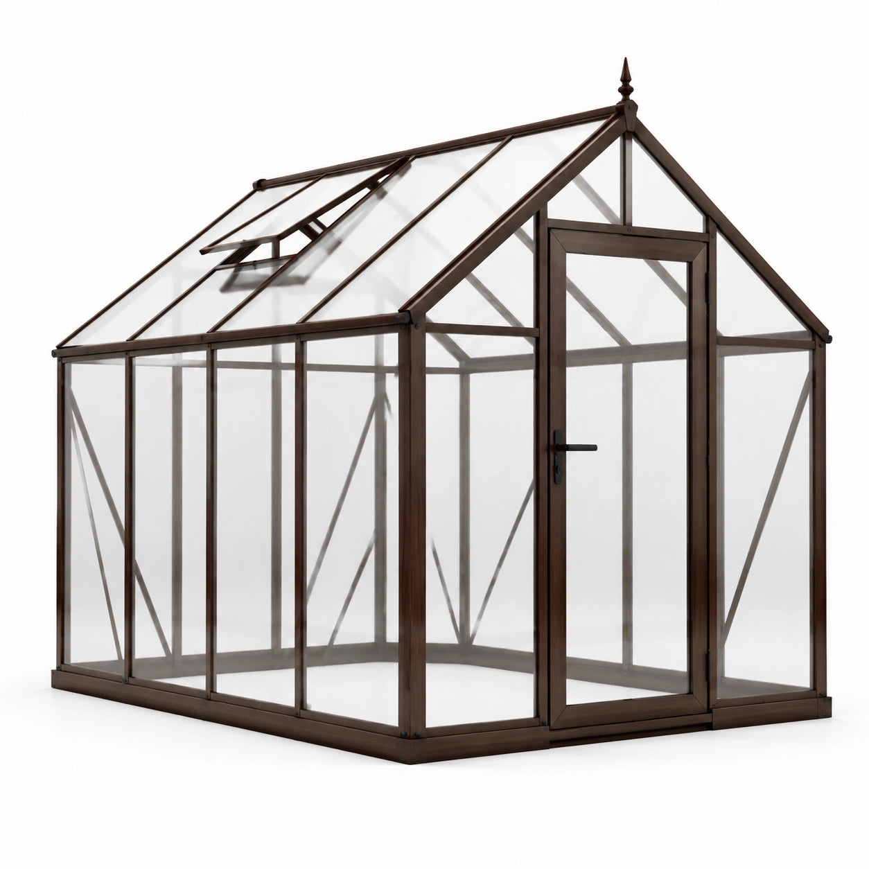 Serre de jardin marron et transparente avec porte et lucarne, 244 × 183 × 213 cm