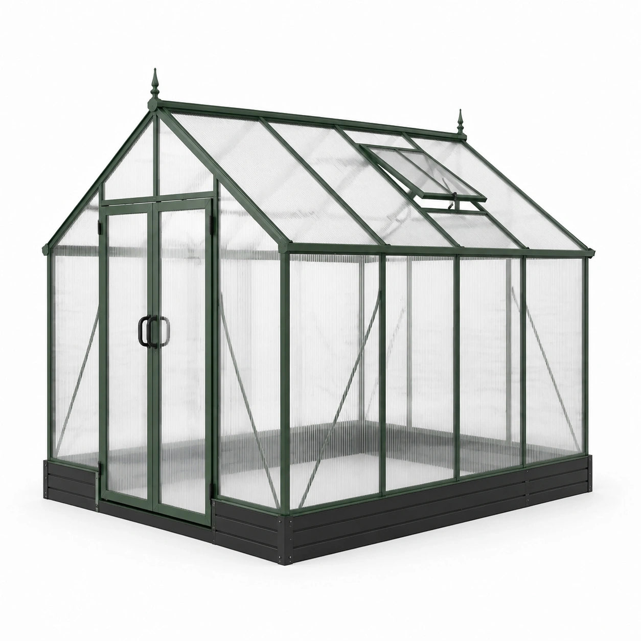 Serre de jardin en aluminium vert et polycarbonate translucide, 244 × 183 × 215 cm, double porte et lucarne de toit