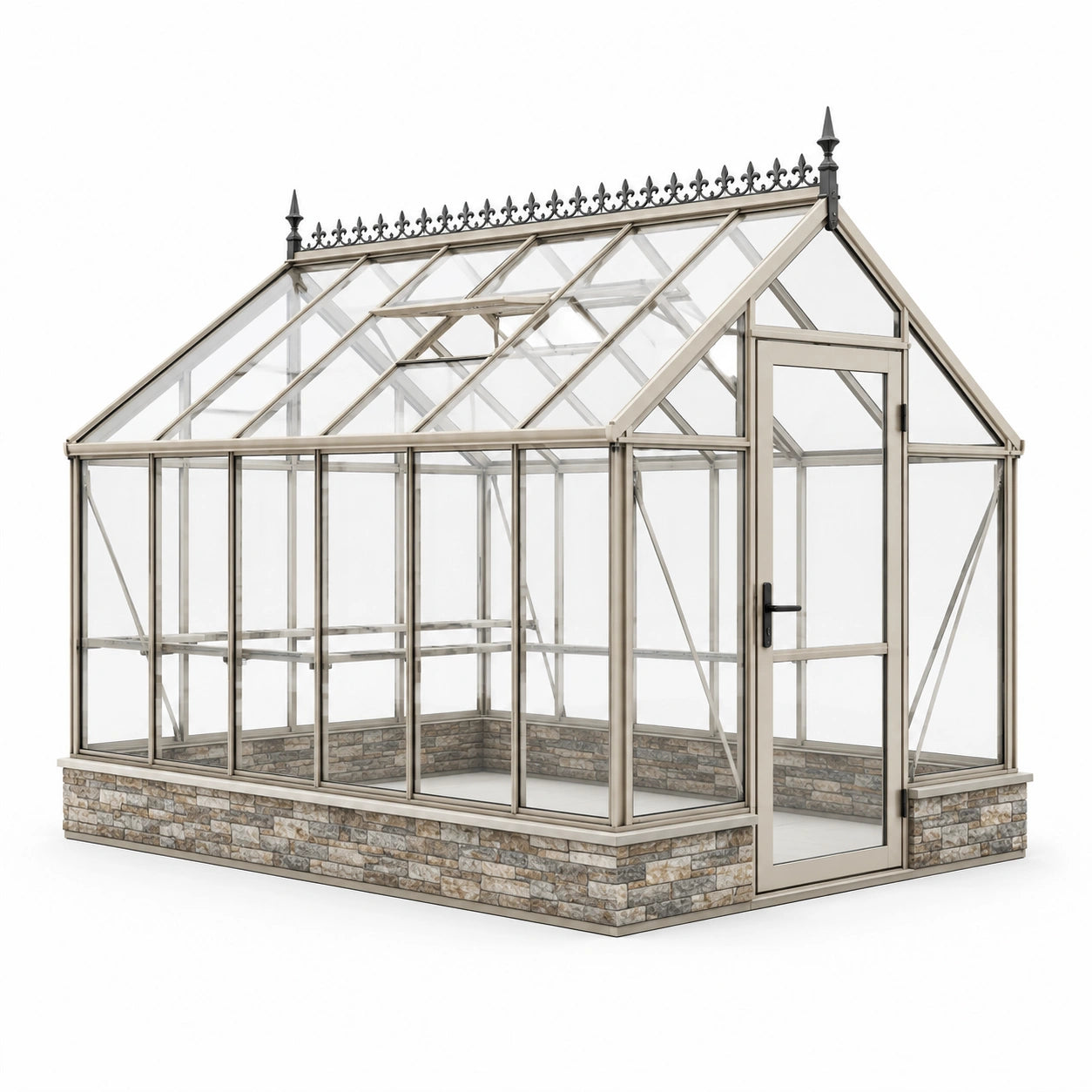 Serre de jardin en aluminium beige avec panneaux transparents et soubassement gris, 310 × 250 × 250 cm
