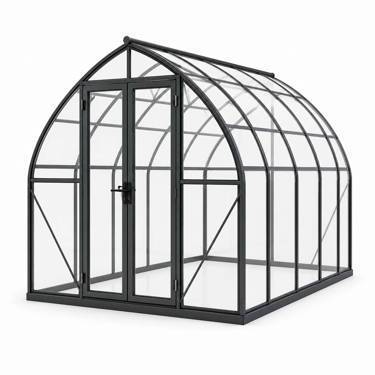 Serre de jardin en aluminium noir et polycarbonate transparent avec toit arrondi et double porte, 250 × 190 × 210 cm