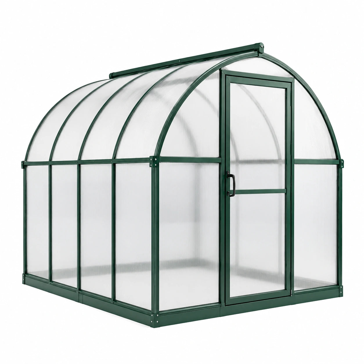 Serre de jardin en aluminium vert et polycarbonate translucide avec toit arrondi et porte frontale, 190 x 190 x 195 cm
