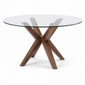 Table à manger ronde avec plateau en verre transparent et piètement en bois marron, Ø 120 × H 75 cm