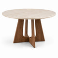 Table à manger ronde Ø 120 × H 75 cm, plateau en travertin beige et piètement en bois marron