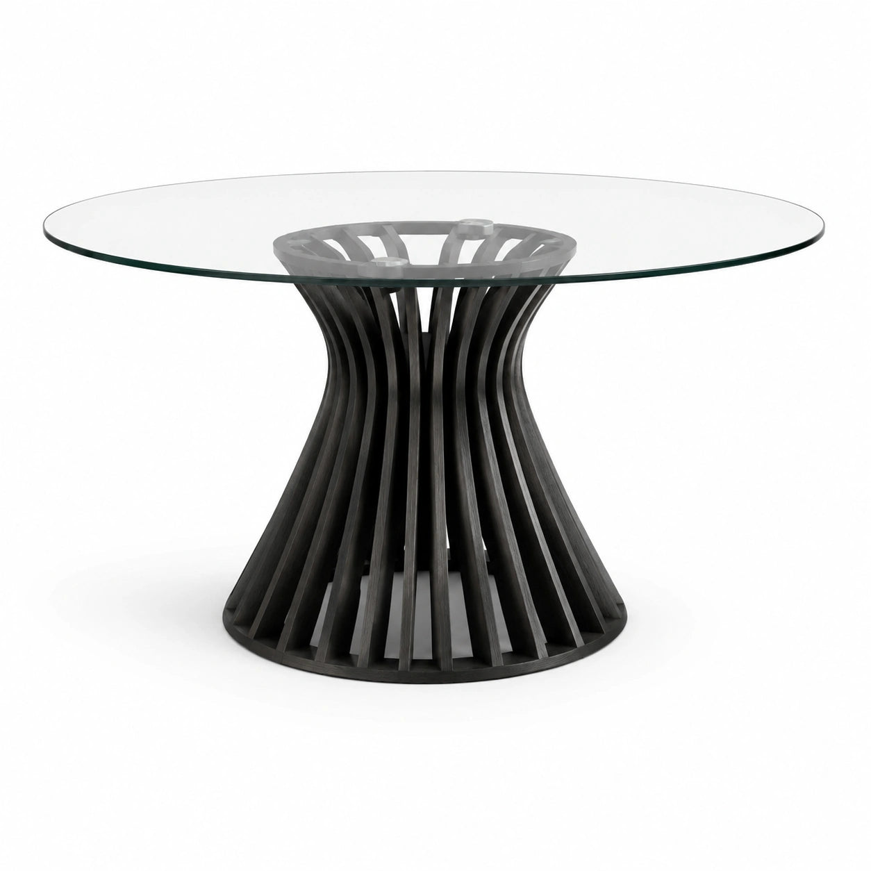 Table ronde en verre transparent et bois noir, Ø 140 × H 76 cm, style contemporain