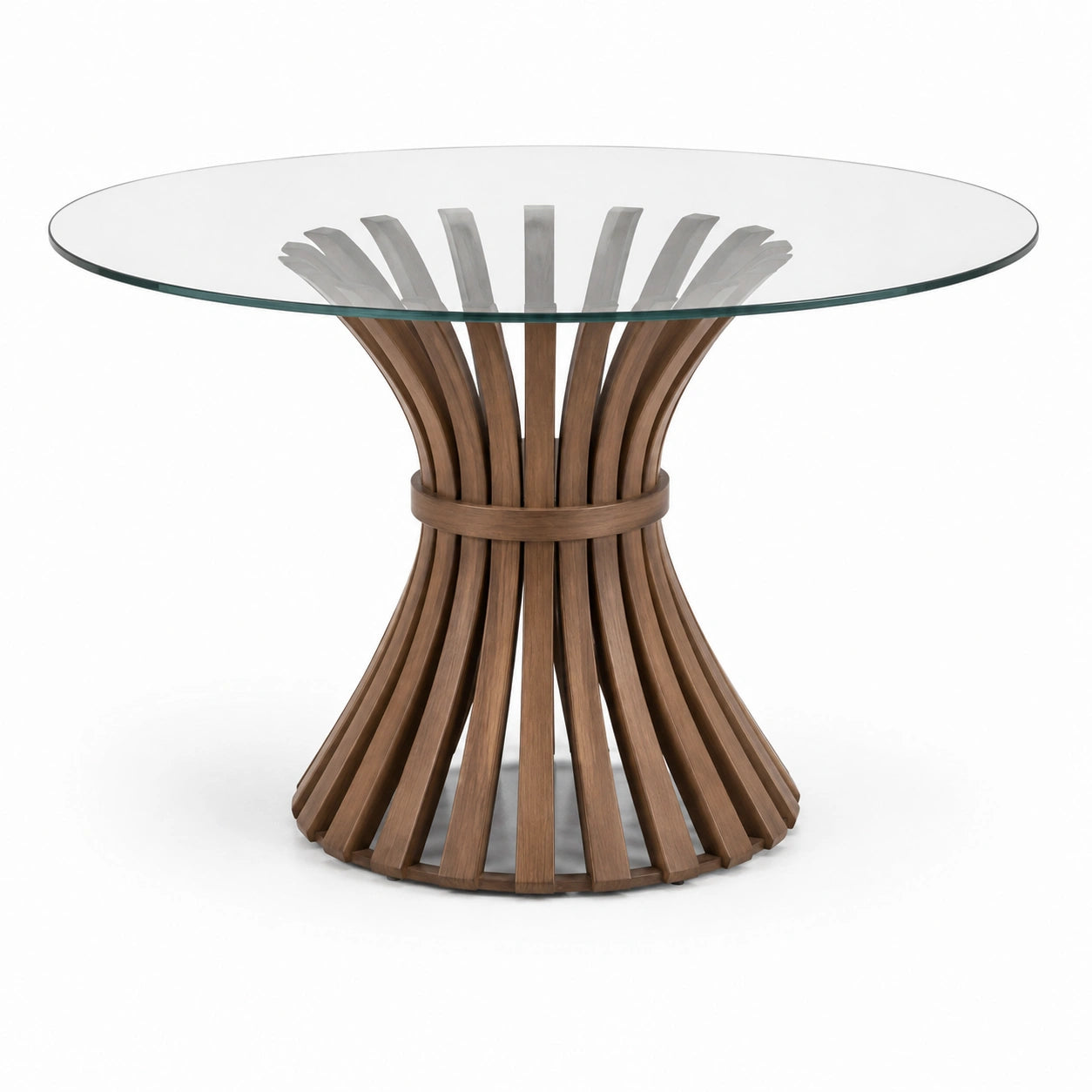 Table à manger ronde en verre transparent et bois brun, Ø 120 x H 76 cm, style contemporain