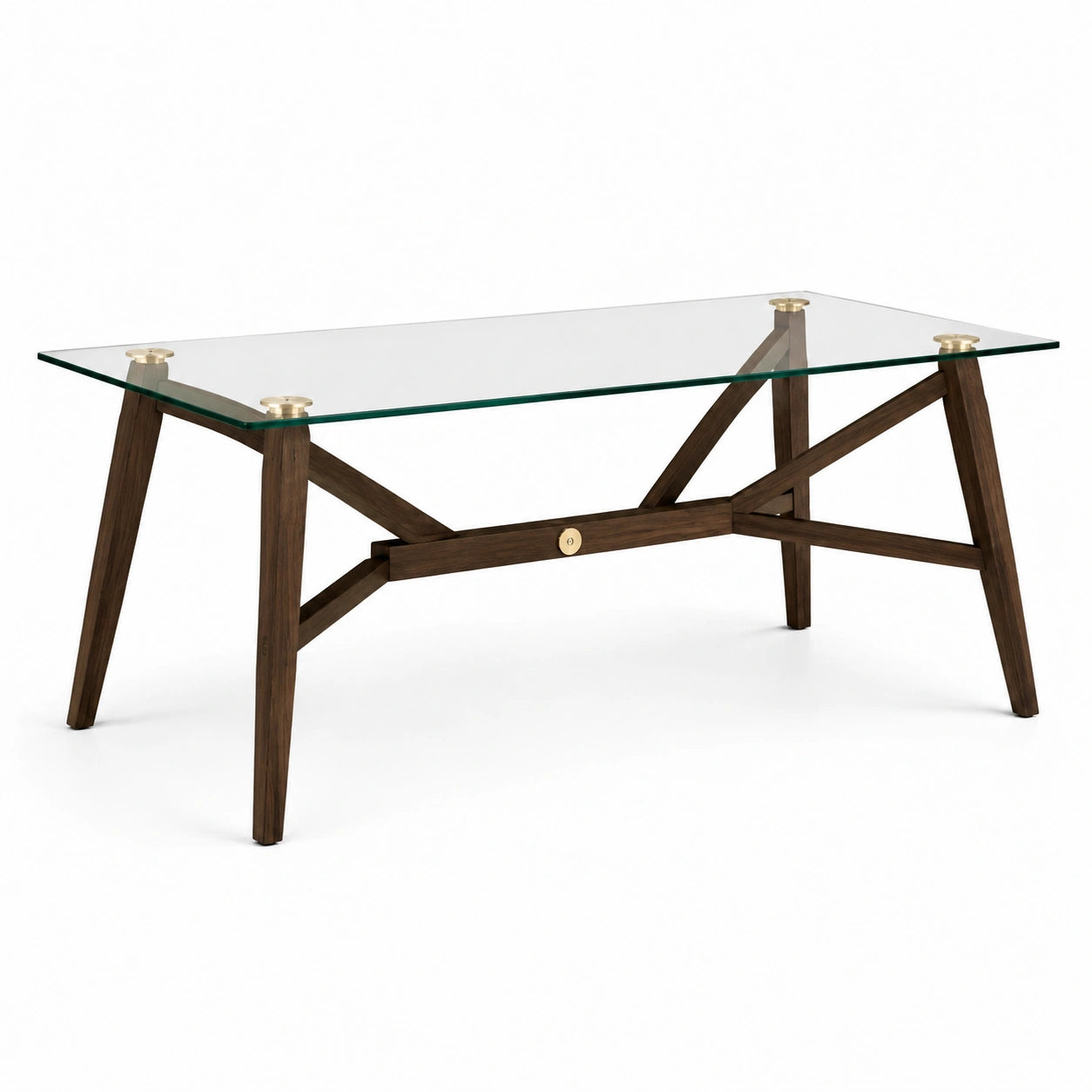 Table à manger rectangulaire en verre transparent et bois brun, détails dorés, 140 × 80 × 75 cm