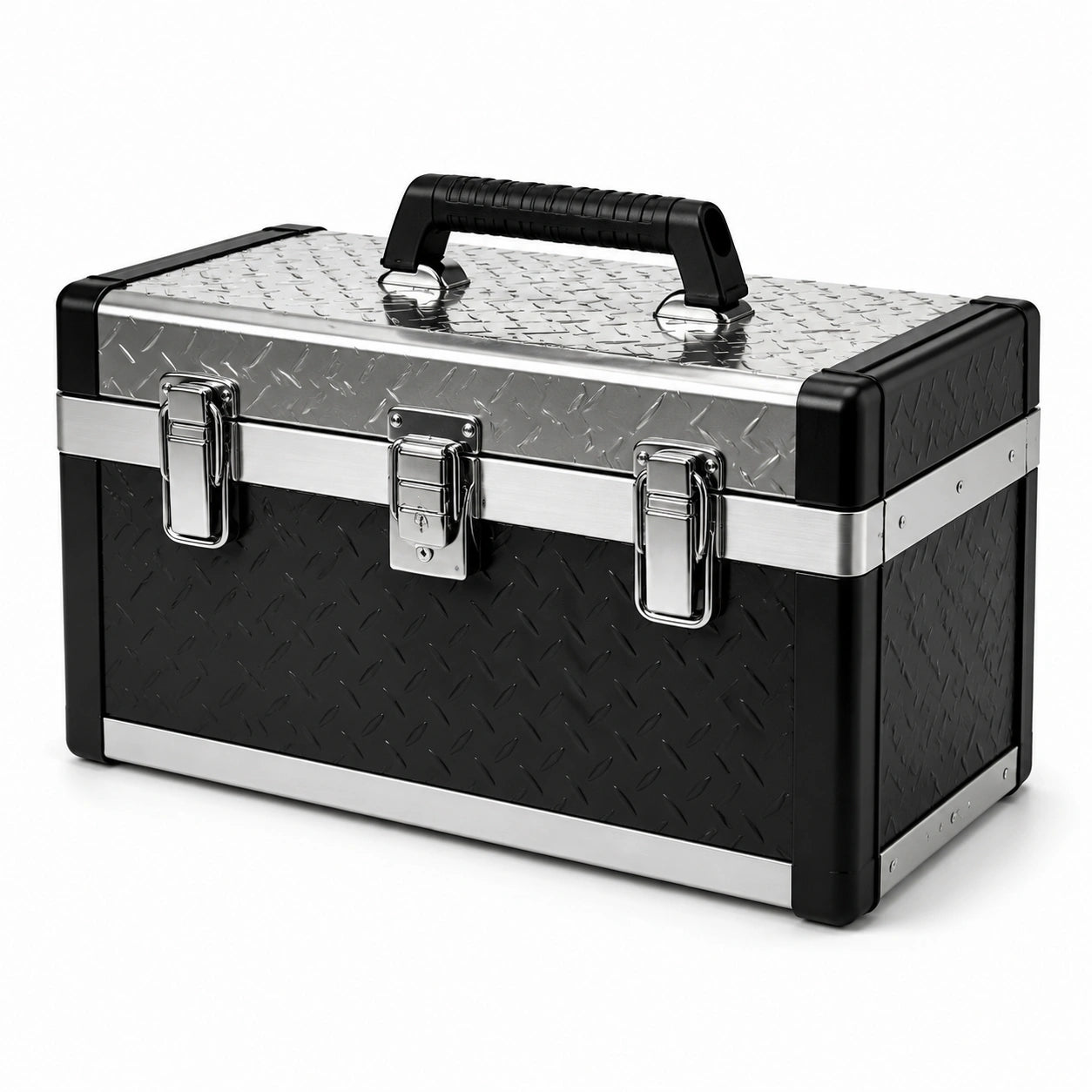 Boîte à outils portable verrouillable en aluminium noir et argenté, 48 × 26 × 31 cm