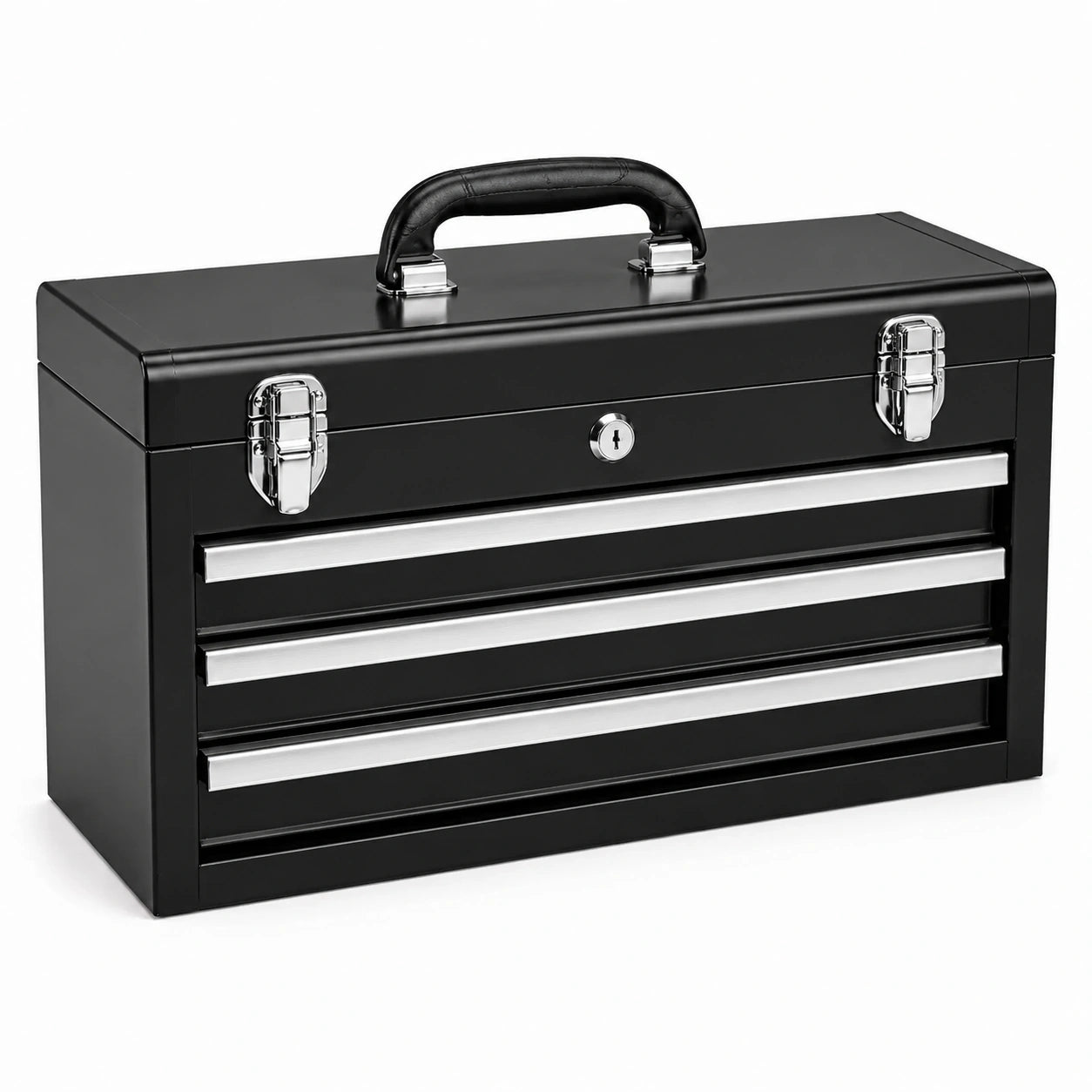 Caisse à outils verrouillable en acier noir et argenté, 3 tiroirs, 51 × 22 × 35 cm