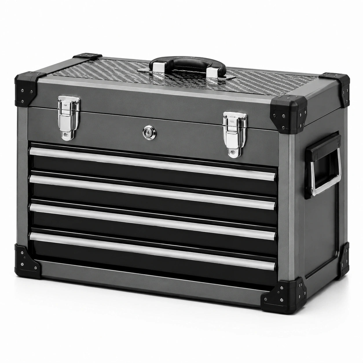 Coffre à outils portable en acier avec 4 tiroirs, 51 × 26 × 36 cm, gris, noir et argenté