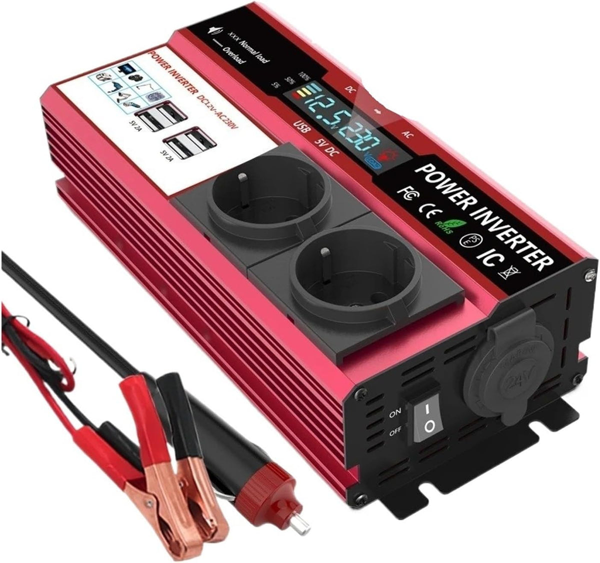 Convertisseur Onduleur Puissance Crête 12V À 220V 4000/800W Affichage LCD Continu Prise UE Solaire Double USB pour Téléphone Ordinateur Portable