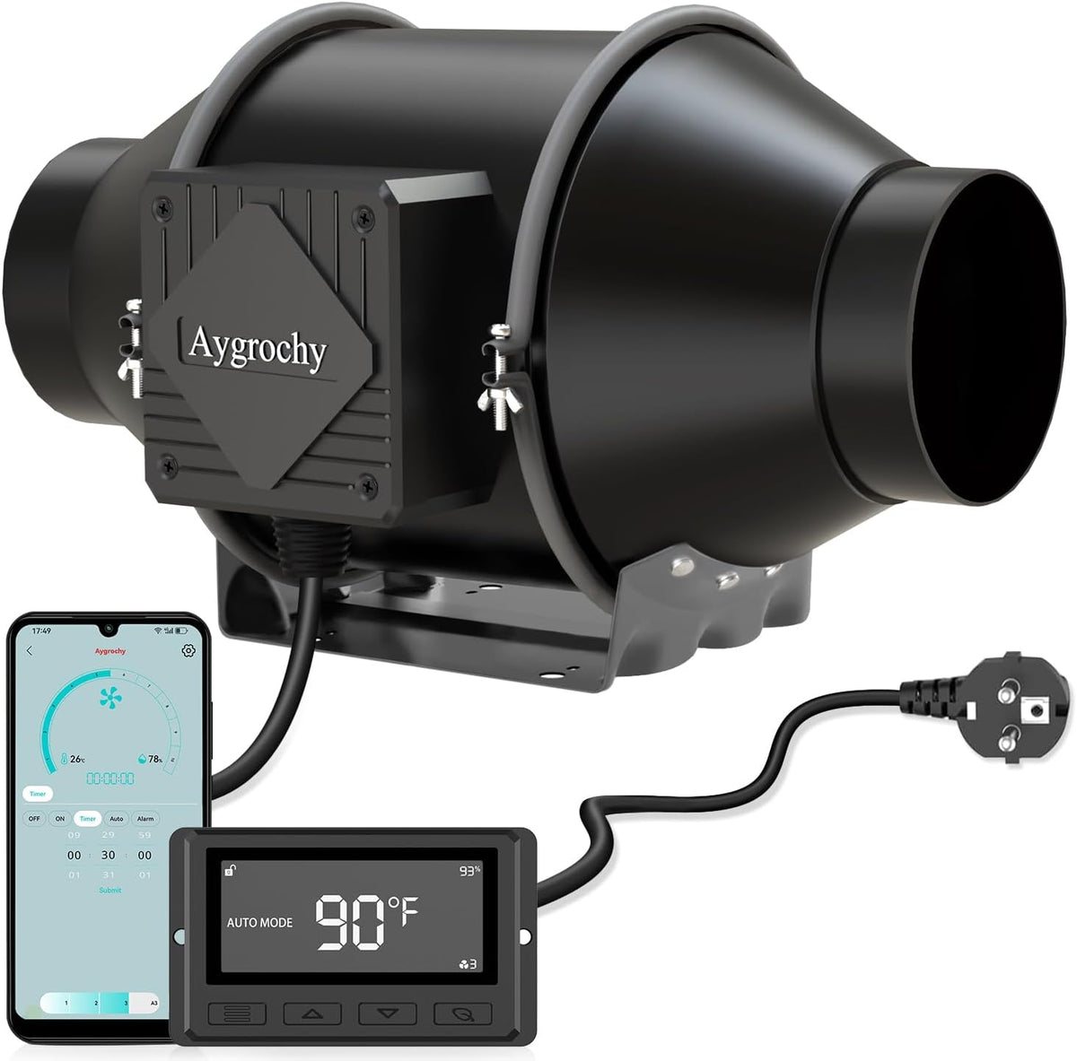 Aygrochy 100mm App Extracteur d'Air 30W, Moteur EC triphasé avec programmation de la température et de l'humidité