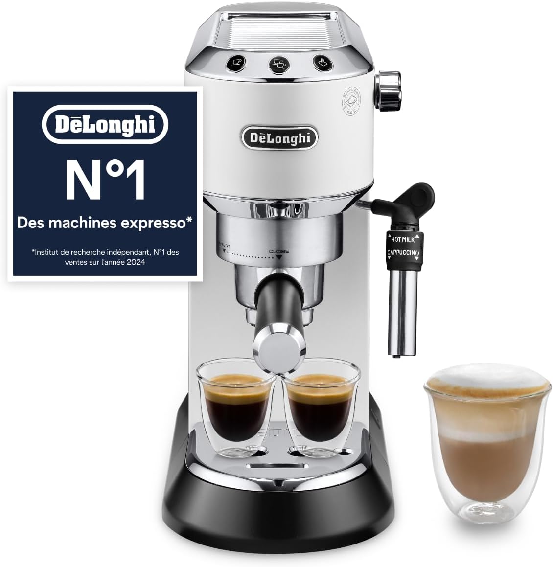DELONGHI Dedica Style, Machine expresso pour préparer des boissons café et lactées, EC685W, Blanc, Machine à Café Compacte, Expresso et Cappuccino
