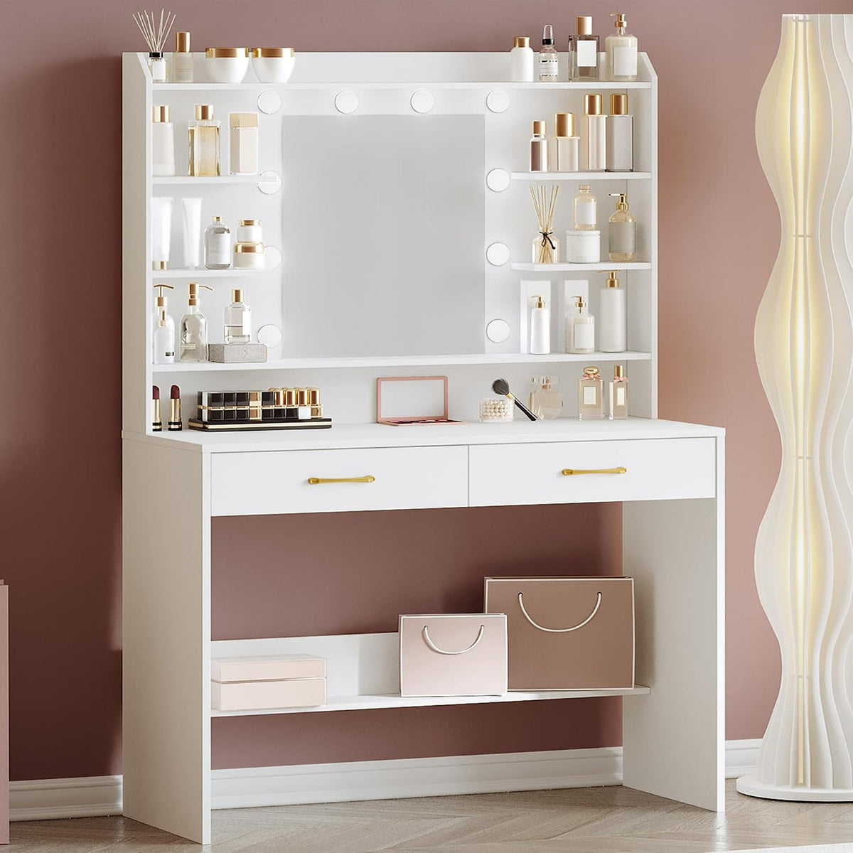 Hzuaneri Coiffeuse avec Miroir et éclairage LED, Luminosité Réglable, Coiffeuse avec étagères et 2 Tiroirs