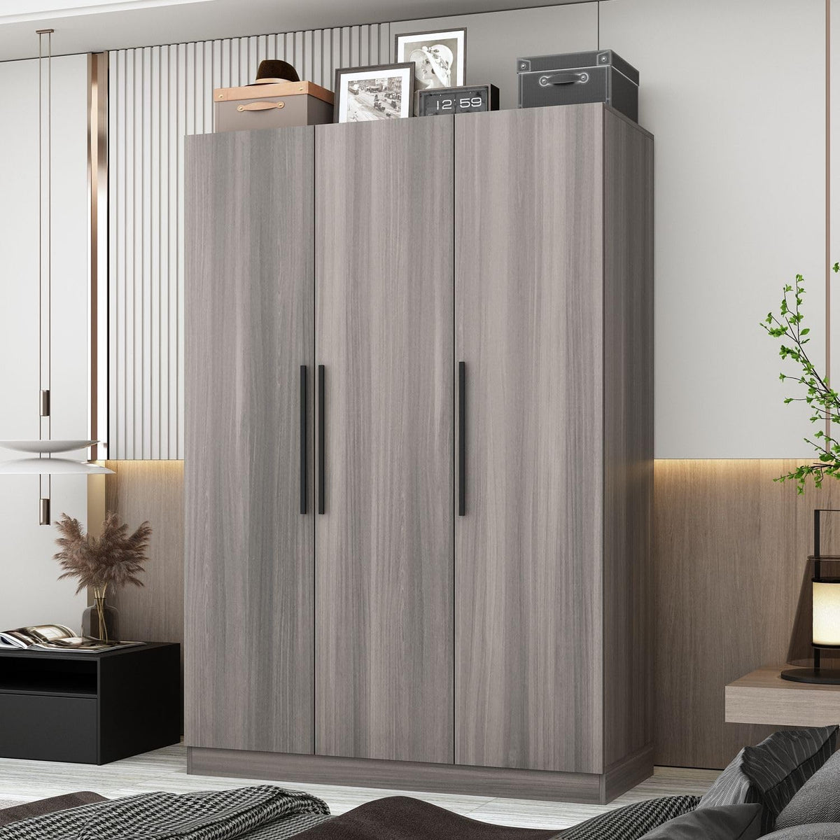 MOUMON Armoire avec 3 portes et étagères, armoire avec tringle de suspension, armoire pour chambre à coucher, grain de bois