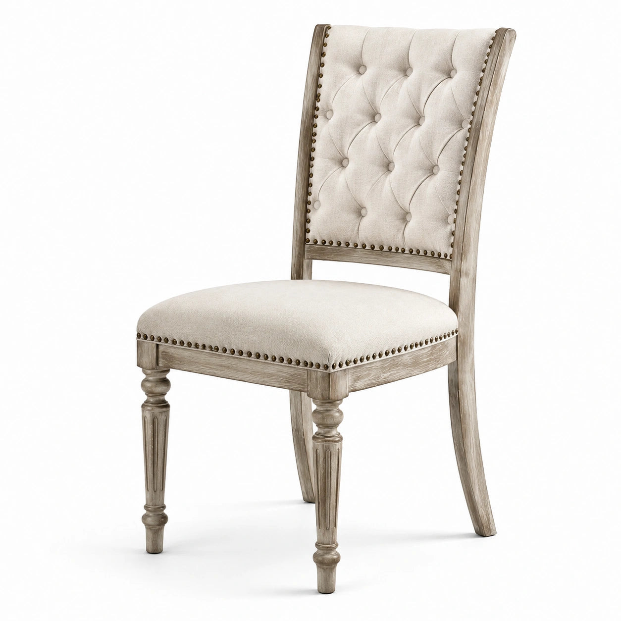 Chaise de salle à manger en bois grisé et tissu beige, dossier capitonné, 52 × 58 × 98 cm
