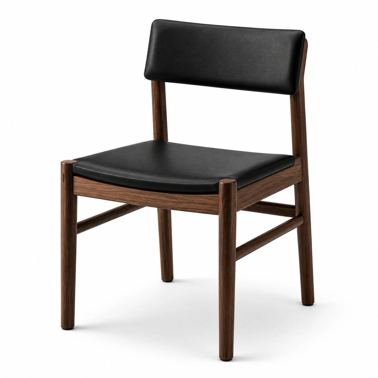Chaise contemporaine en bois brun, assise et dossier rembourrés noirs effet cuir, 54 × 56 × 79 cm