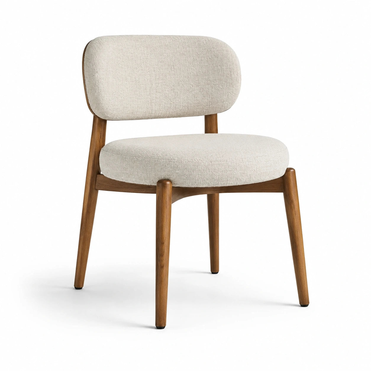 Chaise contemporaine en bois brun, assise et dossier rembourrés en tissu écru, 60 × 58 × 78 cm