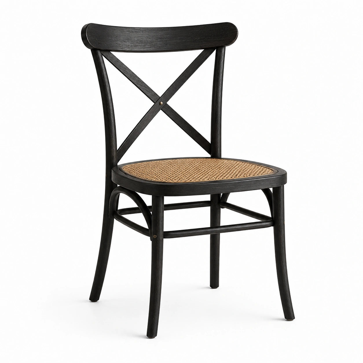 Chaise en bois noir avec assise en cannage naturel et dossier croisé, 50 × 52 × 88 cm