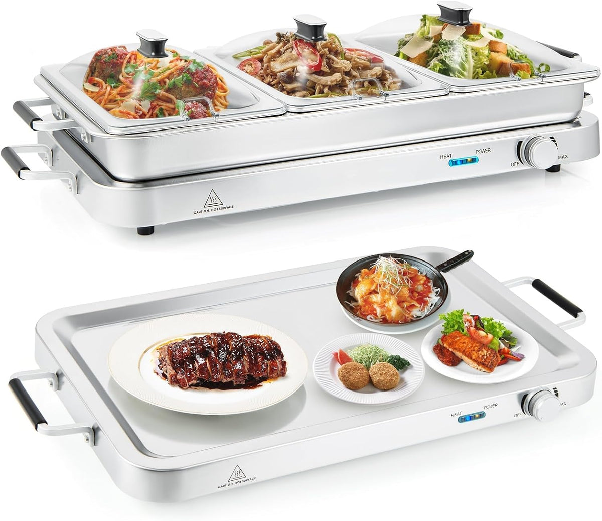 RELAX4LIFE Chauffe-Plat Électrique 450 W, Plateau Chauffant Électrique avec Température Réglable 3 Plats à Réchaud de 8 L pour Fêtes Banquet (Acier