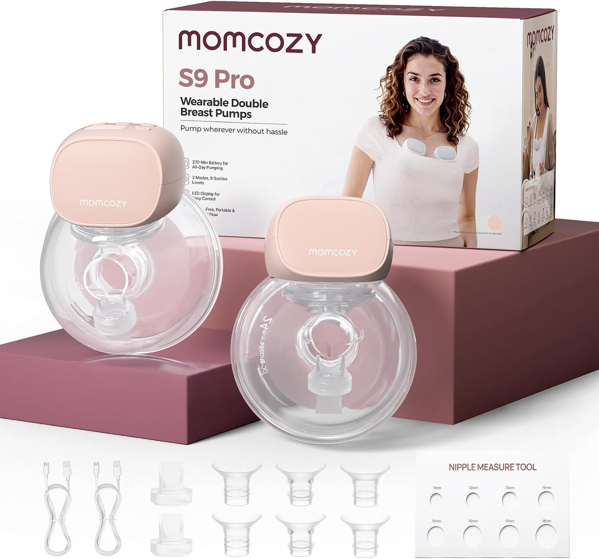 Momcozy S9 Pro Tire Lait Électrique Mains Libres, 285 mmHg, Rose,2 Unité