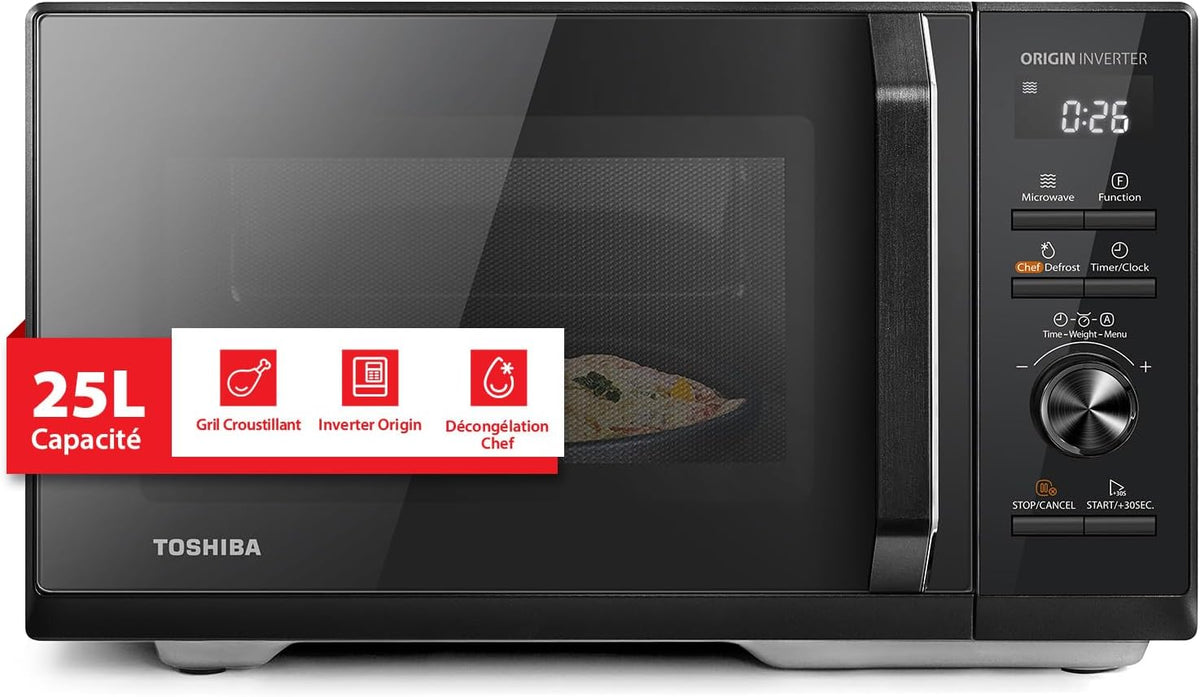 Toshiba Inverter Origin, MW3-AG25PFI(BK), Four Micro-ondes Combiné avec Gril 25L 900W, 3-en-1, 7 Menus Automatiques, Cussion Rapide, Grande Capacité