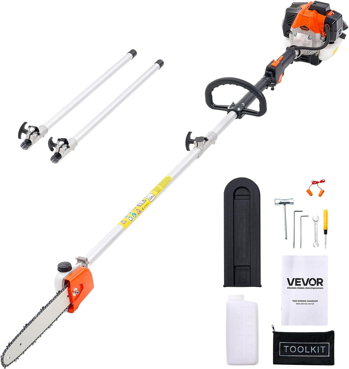VEVOR Élagueuse Thermique sur Perche à 2 Temps, 25 cc, Élagueuse sans Fil à Essence, avec Perche Extensible 2,12-3,62 m, Guide-chaîne 30,5 cm