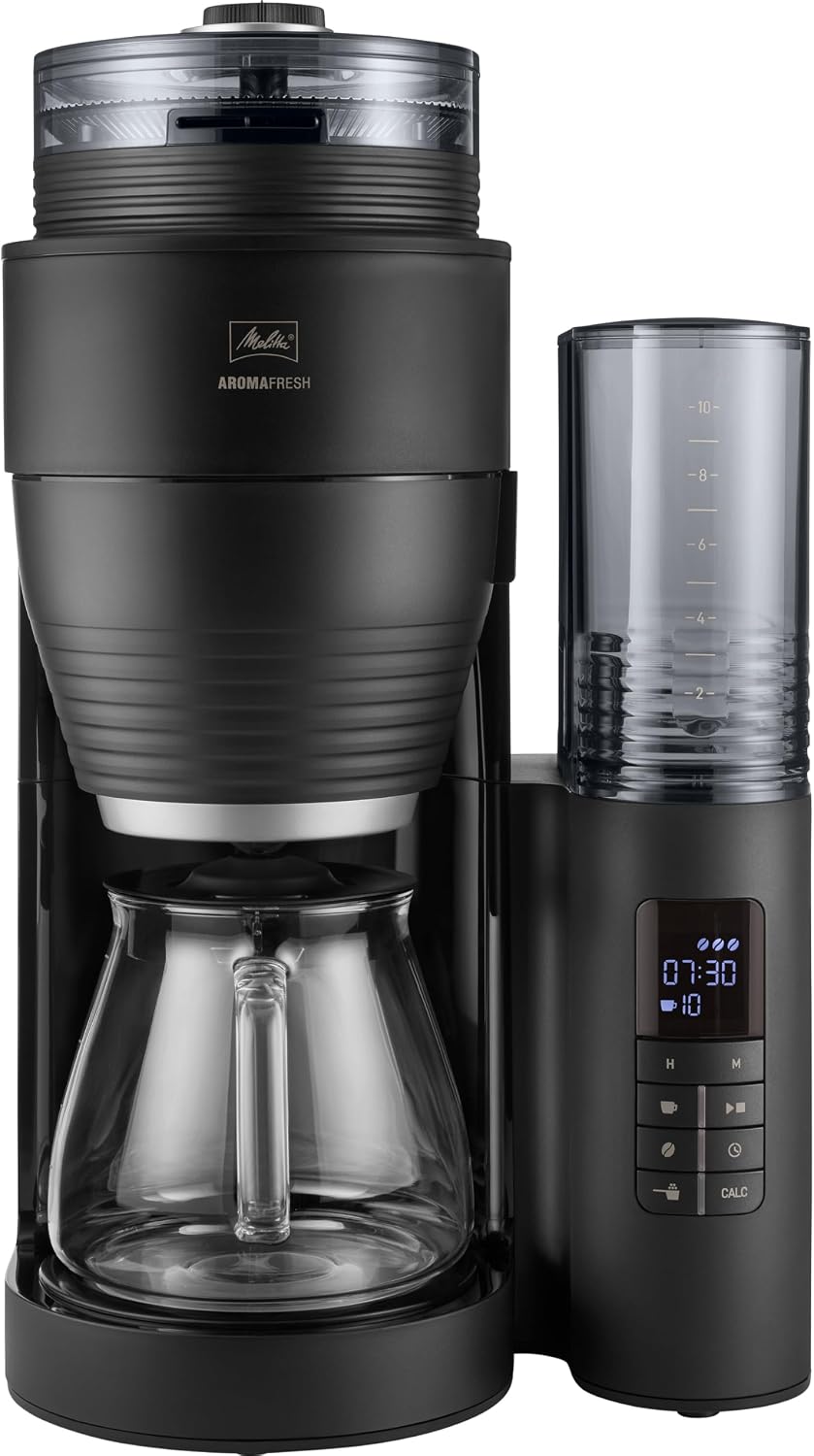 Melitta Cafetière à Filtre AromaFresh Glass Basic X Noire, avec Moulin à grains en Céramique Intégré, Fonction Minuteur, capacité 10 tasses