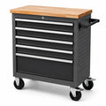 Servante d'atelier mobile en acier noir avec plateau en bois naturel, 5 tiroirs, serrure et 4 roulettes, 77 × 46 × 95 cm