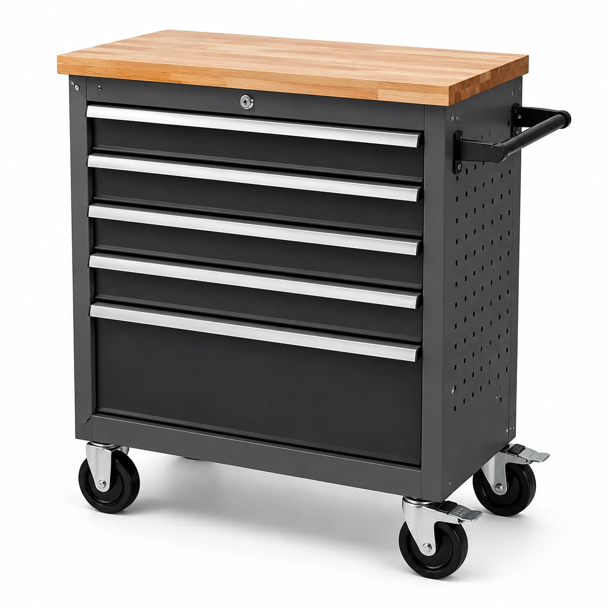 Servante d'atelier mobile en acier noir avec plateau en bois naturel, 5 tiroirs, serrure et 4 roulettes, 77 × 46 × 95 cm