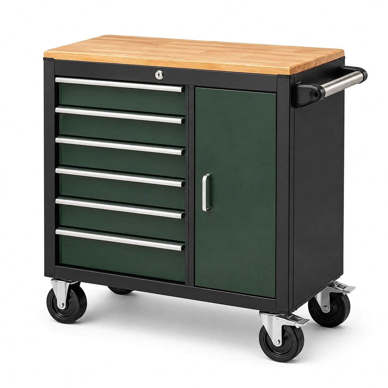 Servante d'atelier mobile vert foncé et noir 90 × 50 × 95 cm avec plateau en bois, 6 tiroirs et 1 porte
