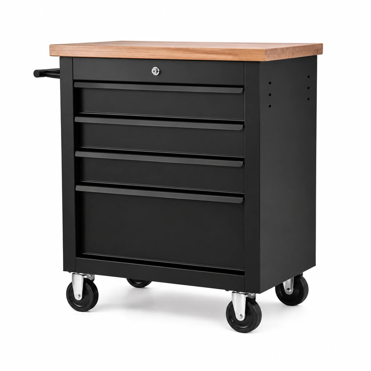 Servante d'atelier mobile noire à 5 tiroirs verrouillables avec plateau en bois naturel, 76 × 46 × 88 cm