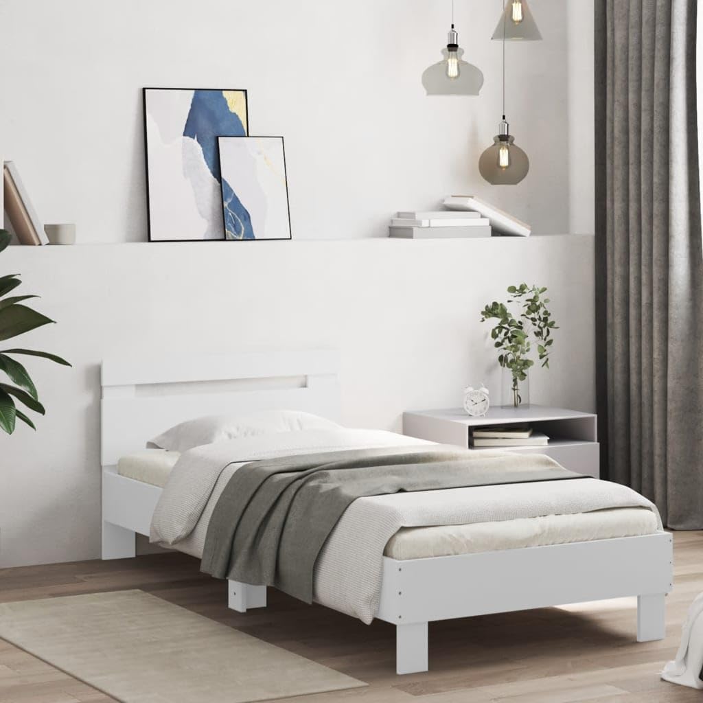 vidaXL Cadre de Lit avec Tête de Lit et Lumières LED, Lit Simple avec Sommier à Lattes, Lit Adulte, Meuble de Chambre, Moderne, Blanc 90x190 cm