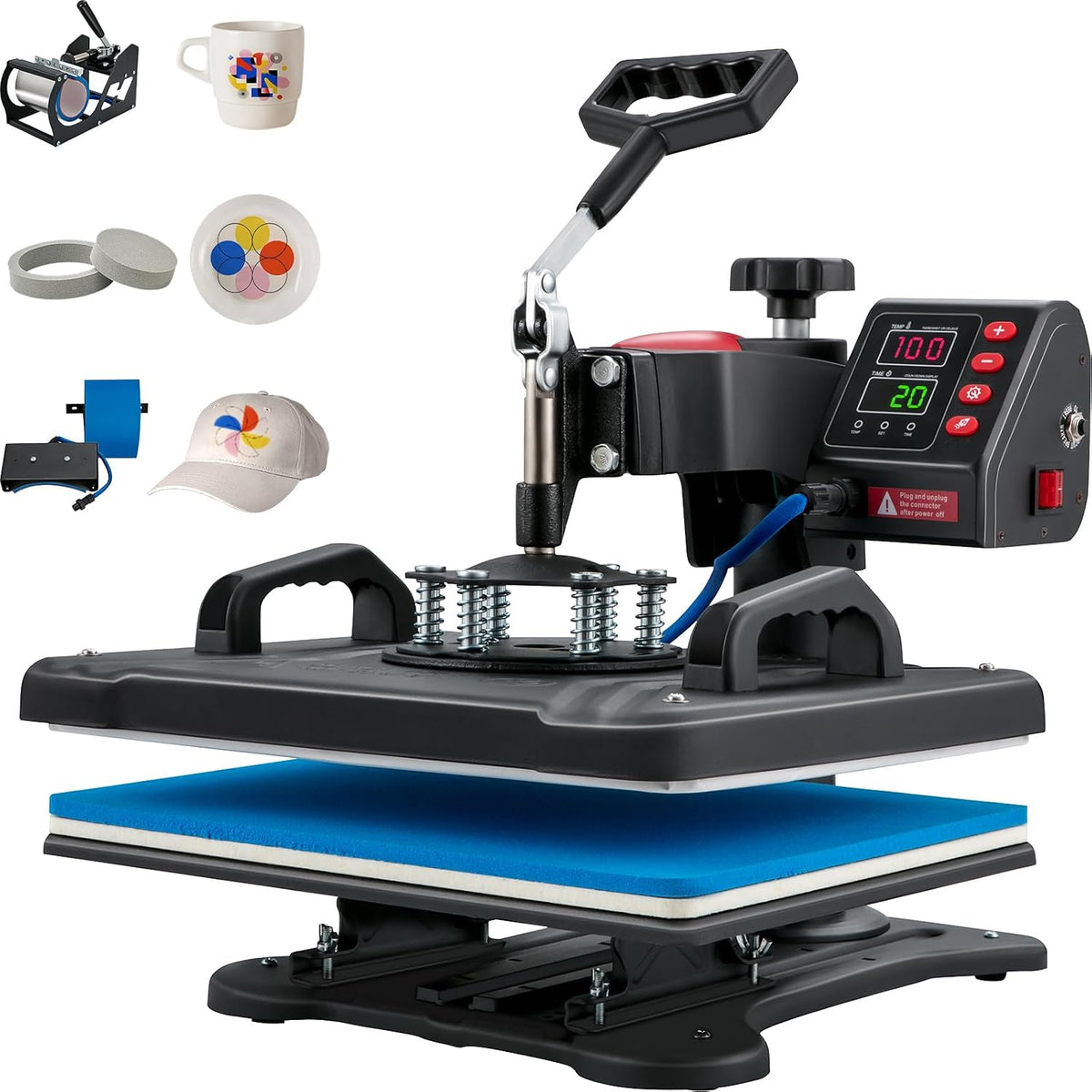 VEVOR Presse à Imprimer 5 en 1 Presse à Chaud Machine de Sublimation Textile 30x38 cm Machine d'Impression 1250 W Presse à Chaleur Pivotante à 360°