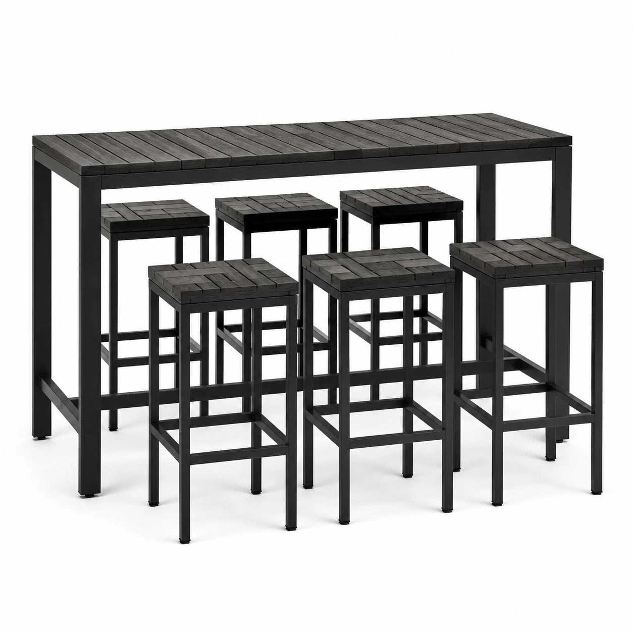 Table de bar noire 120 × 40 × 100 cm avec 6 tabourets 30 × 30 × 70 cm en bois et métal