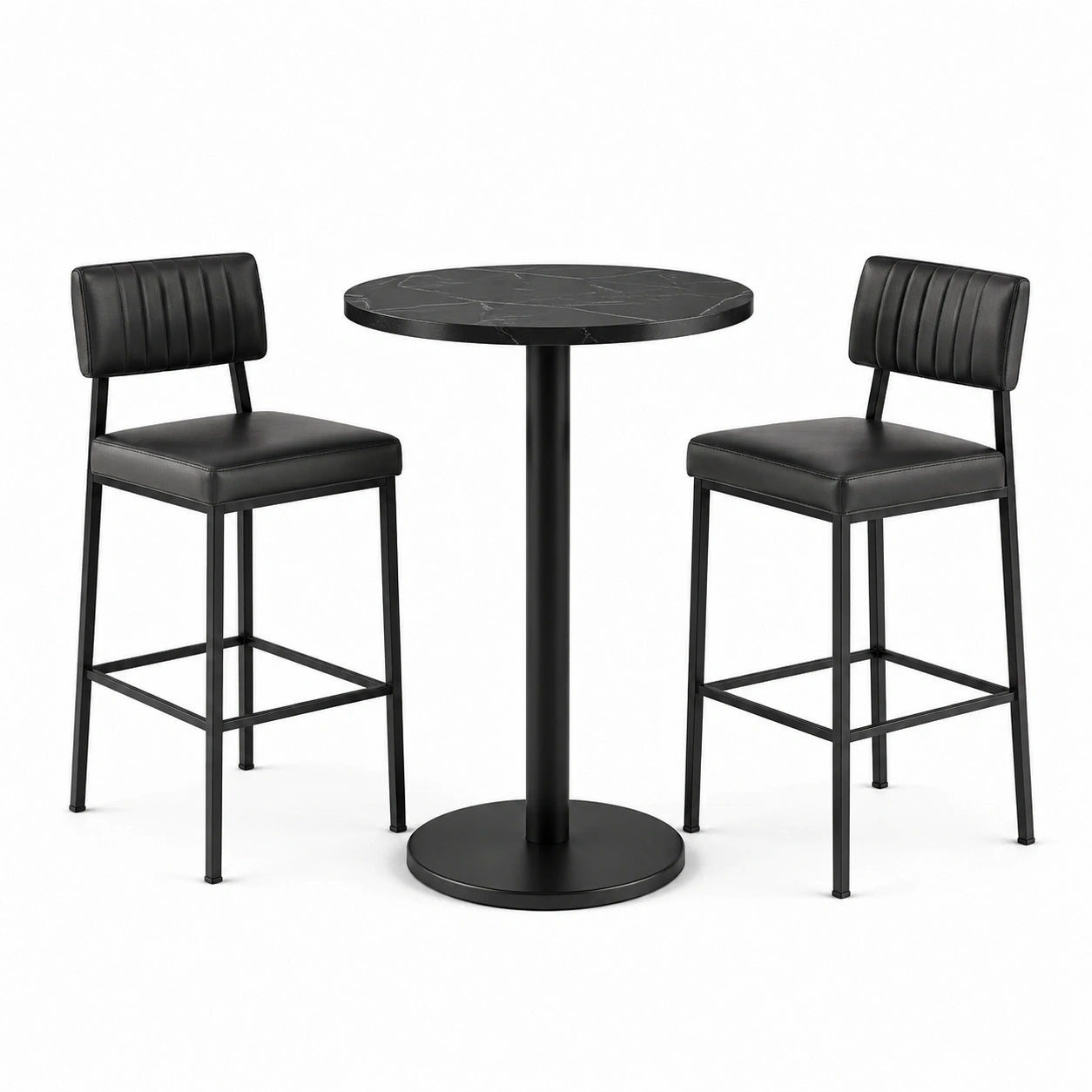 Ensemble noir avec table ronde Ø 90 × H 105 cm et 2 chaises hautes 44 × 50 × 96 cm, métal, similicuir et finition effet marbre