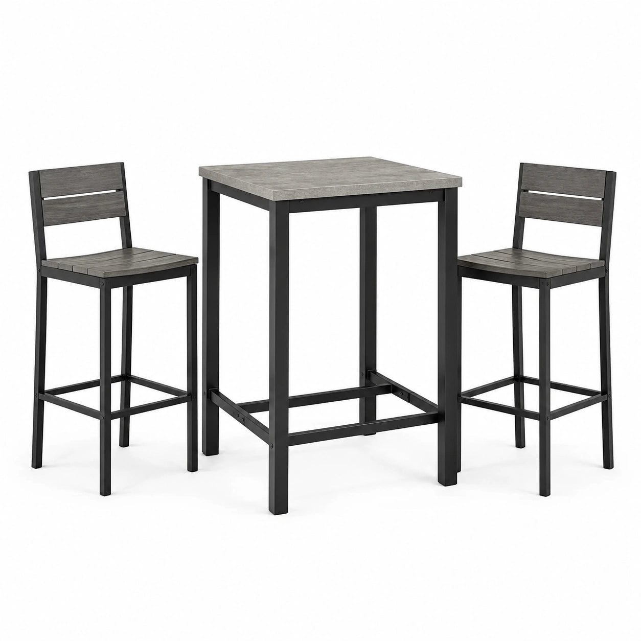 Ensemble table de bar et 2 chaises hautes noir et gris, table 60 × 60 × 90 cm