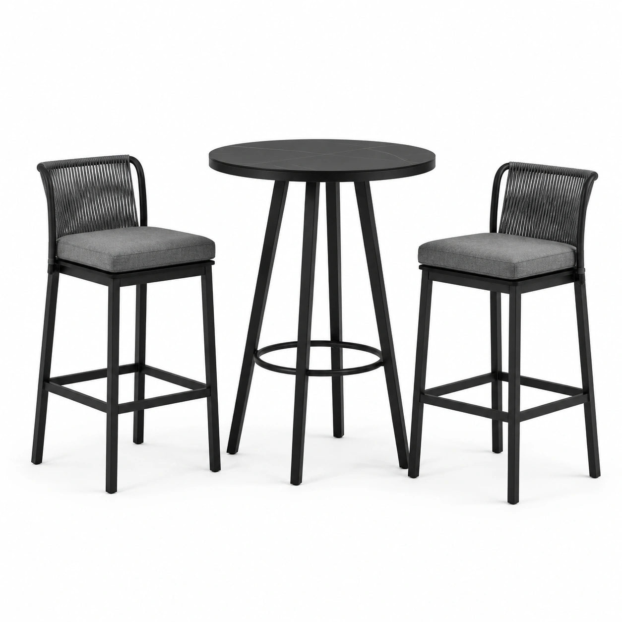 Ensemble de bar de jardin 3 pièces noir et gris avec table ronde Ø 80 × 100 cm et 2 tabourets 48 × 52 × 101 cm