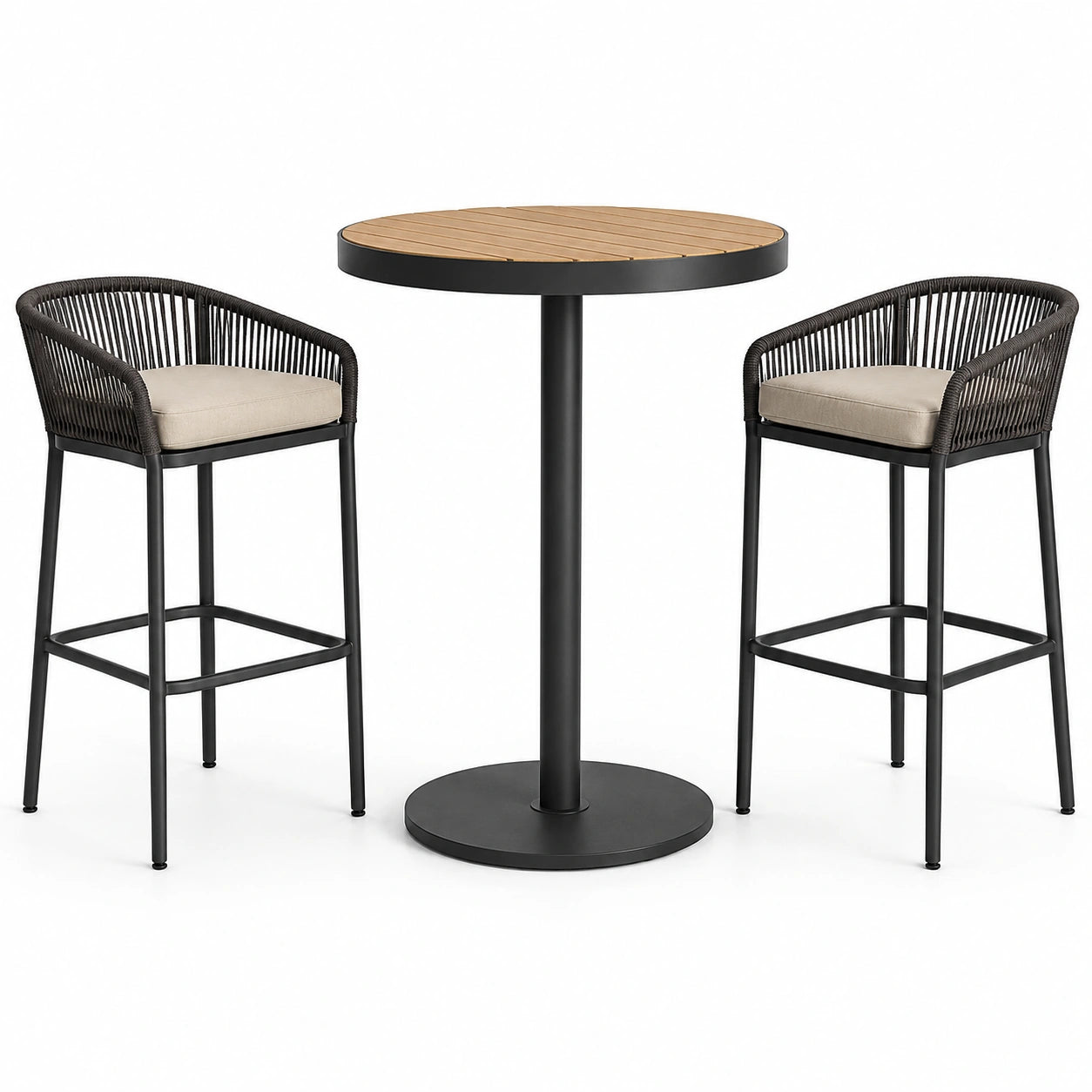 Ensemble de bar 3 pièces noir, marron et beige avec table ronde Ø 70 × H 100 cm et 2 chaises 55 × 56 × 100 cm