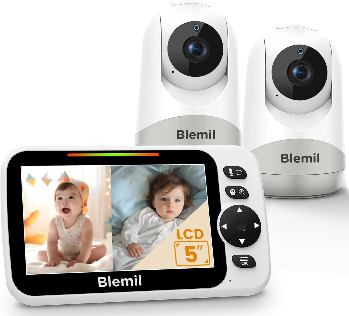 Blemil Babyphone Caméra Moniteur vidéo pour bébé avec 2 caméra et Audio avec Batterie 30 Heures, 5' à écran divisé