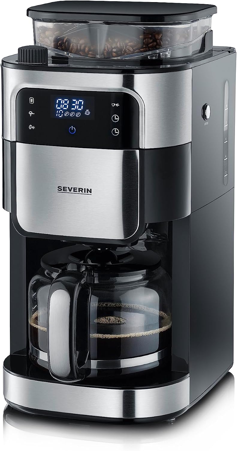 SEVERIN Cafetière Filtre Avec Broyeur, 1 000W, 1,4L, Jusqu'à 10 tasses, Sélecteur d'arôme, Ecran tactile, Inox Brossé/Noir, KA 4813, 43.50