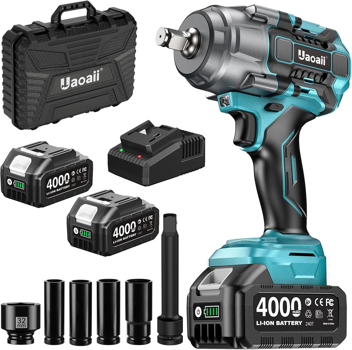 1600 N.m Clé à choc sans fil, Clé à choc sans fil pour changer les pneus des camions avec deux batteries 4000 mAh