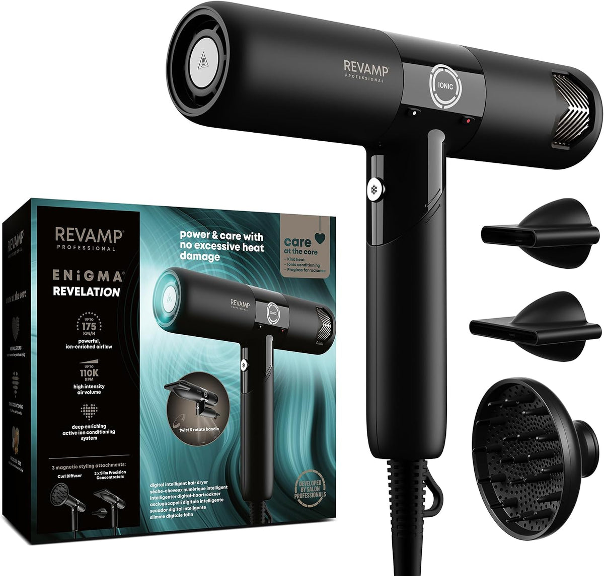 REVAMP Enigma Revelation Seche Cheveux Ionique - Moteur Digital Intelligent pour un Séchage Rapide, Sèche-Cheveux Diffuseur Boucle