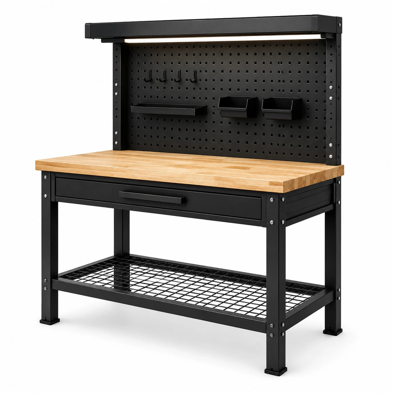Établi d'atelier noir et bois naturel 120 × 60 × 150 cm avec panneau perforé, éclairage et rangements