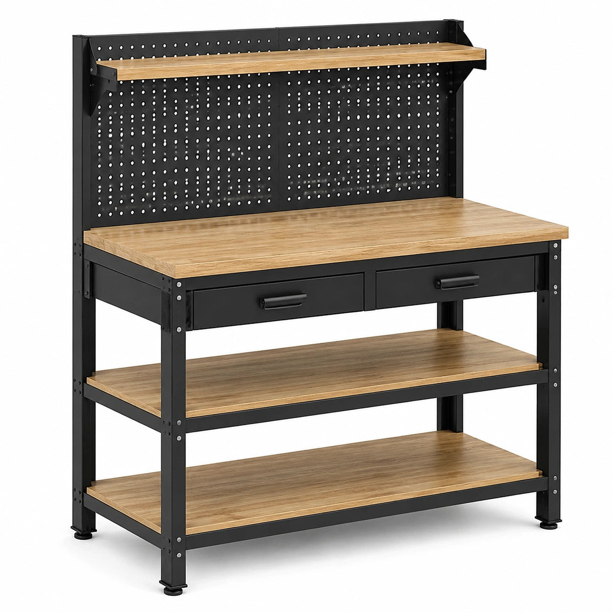 Établi d'atelier industriel 120 × 60 × 150 cm en acier noir et bois finition chêne naturel avec panneau perforé, 2 tiroirs et 3 tablettes