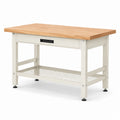 Établi industriel en bois naturel et métal blanc cassé, 120 × 60 × 90 cm, avec tiroir, étagère grillagée et pieds réglables