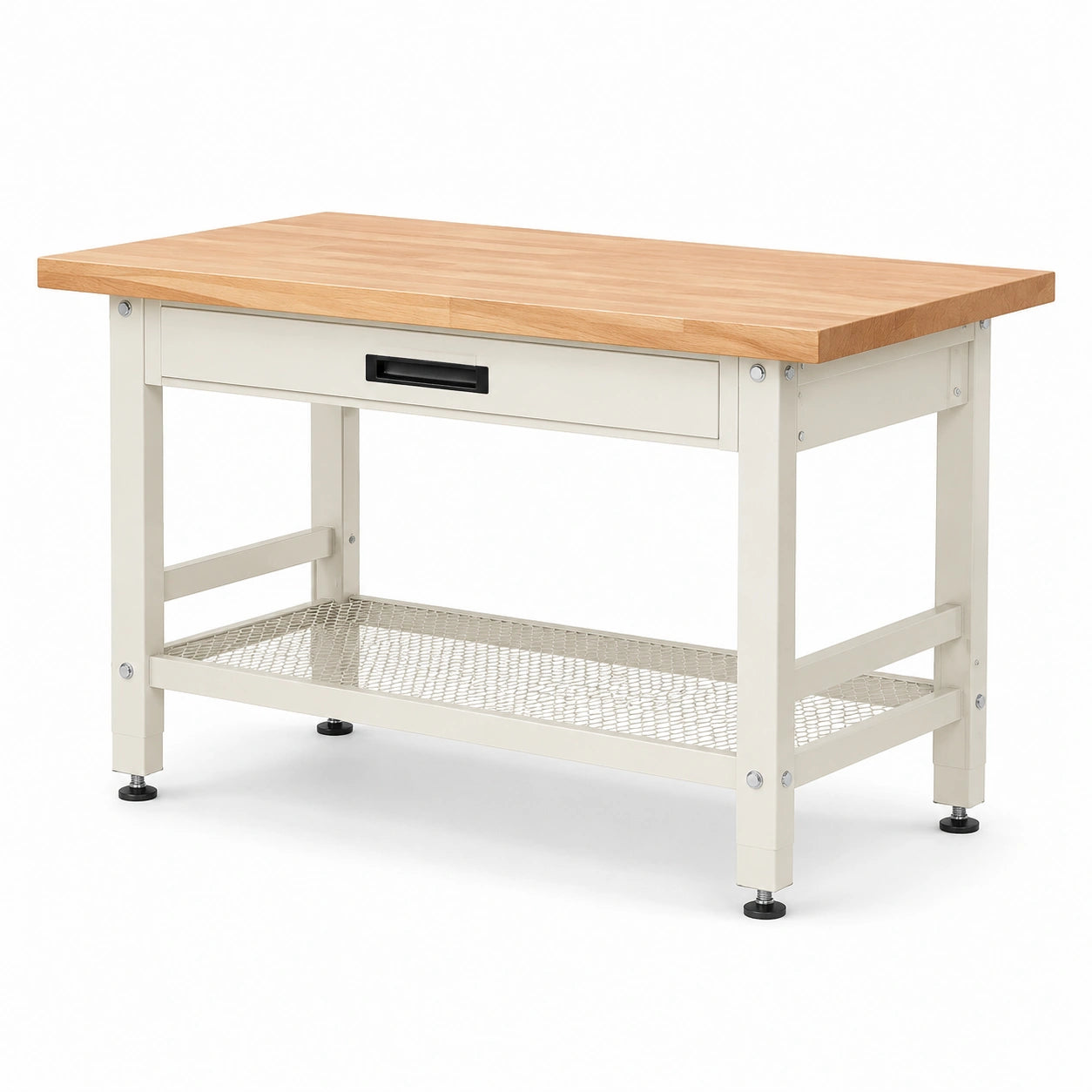Établi industriel en bois naturel et métal blanc cassé, 120 × 60 × 90 cm, avec tiroir, étagère grillagée et pieds réglables