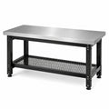 Établi industriel avec plateau en acier inoxydable argenté, cadre noir et étagère grillagée, 120 × 60 × 90 cm