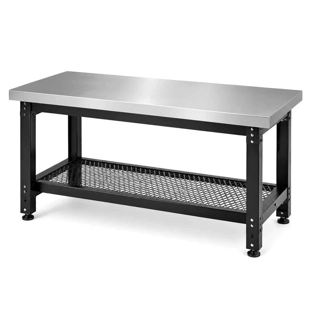 Établi industriel avec plateau en acier inoxydable argenté, cadre noir et étagère grillagée, 120 × 60 × 90 cm