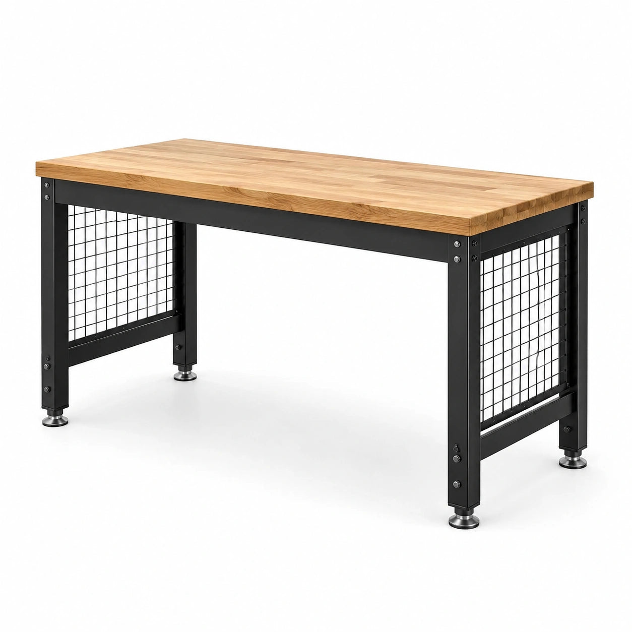 Bureau industriel avec plateau en bois naturel, structure en métal noir et pieds réglables, 120 × 60 × 75 cm