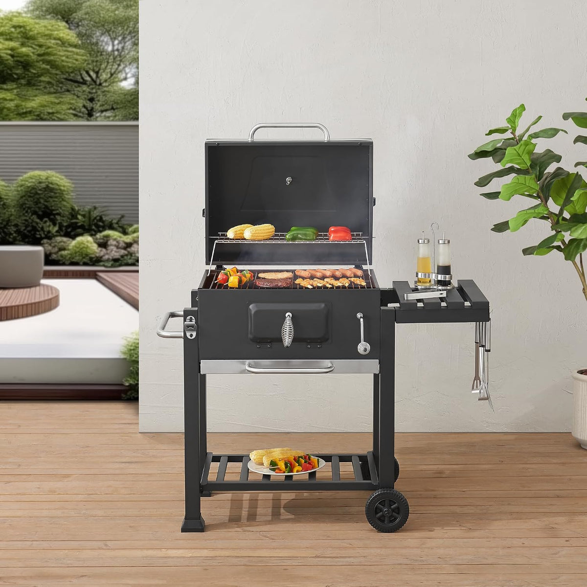 casa.pro Chariot de Barbecue au Charbon de Bois avec Grille Réglable en Hauteur Étagère Rabattable Thermomètre Ouvre-Bouteille Acier Inoxydable